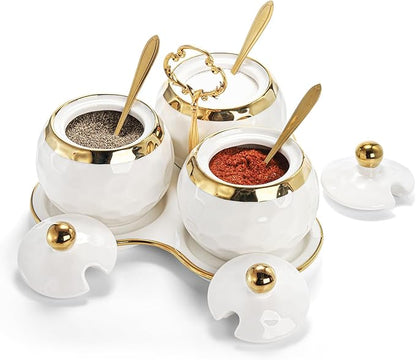 Foraineam Porcelain Condiment Pot Sugar Bowl Spice Jars with Lid, Spoon and Tray, Salt Container Spice Box Seasoning Pots, White Sugar Salt Bowls Set for Kitchen, Restaurant, Coffee Bar, Set of 3