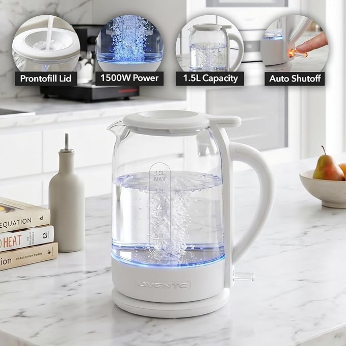 OVENTE Electric Kettle with 1.5L Borosilicate Glass, 1500W Fast Boiling Water Heater for Coffee or Tea, Easy to Fill Lid, Auto Shut-Off, Boil-Dry Protection & Stainless Steel Filter, White KG516W