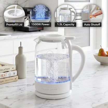 OVENTE Electric Kettle with 1.5L Borosilicate Glass, 1500W Fast Boiling Water Heater for Coffee or Tea, Easy to Fill Lid, Auto Shut-Off, Boil-Dry Protection & Stainless Steel Filter, White KG516W