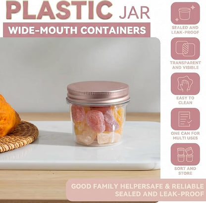 novelinks 4 oz Small Plastic Jars with Lids, 20 Pack Mini Plastic Mason Jars with Lids 4oz, Craft Storage Containers & Canning Jars & Small Spice Jars for Kitchen Organization (20 Pack,Rose Gold)