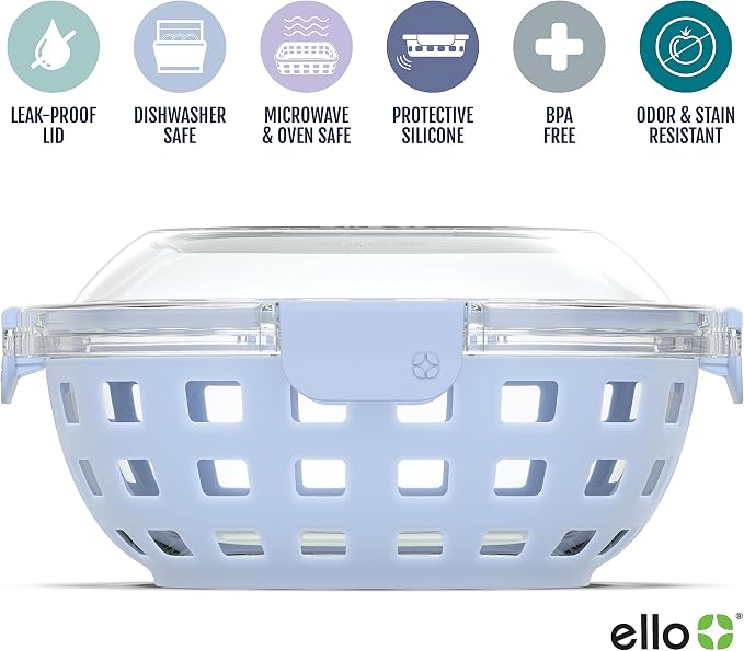 Ello DuraGlass Food Storage Glass Lunch Bowl Container - Meal Prep Container with Silicone Sleeve and Airtight Lid, 5 Cup, Blue