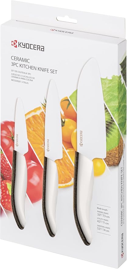 Kyocera 3Piece Advanced ceramic Revolution Series Knife Set, White, Blade Sizes: 5.5", 4.5", 3"