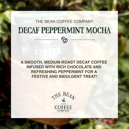 The Bean Organic Coffee Company Water Processed DECAF Peppermint Mocha, Medium Roast, Ground Coffee, 16-Ounce Bag, Café Molido Tostado Orgánico descafeinado