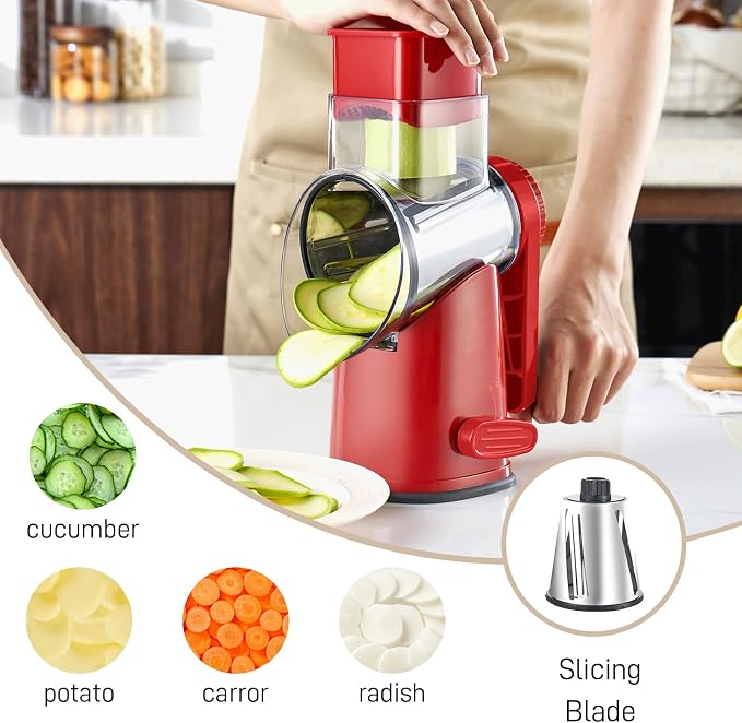 Weltonhm Rotary Cheese Grater with 4 Blades, Large Hand Crank Cheese Grater with Waffle Slicer, Black and White Cheese Slicer with Suction Base, Easier for Shredding& Grating (red, 4 Graters)