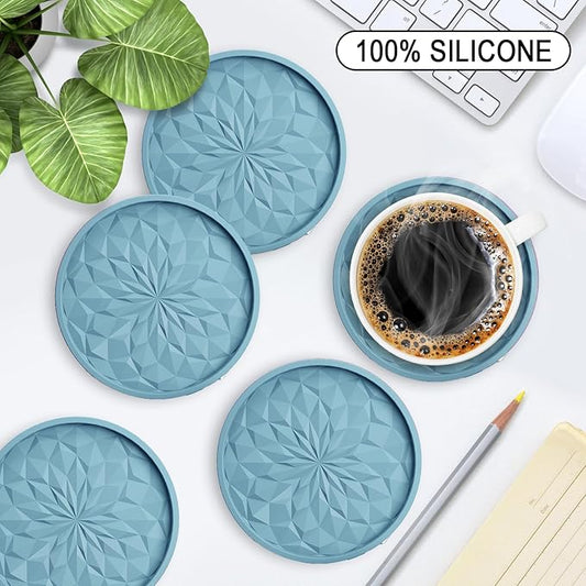 ME.FAN Silicone Coasters with Holder,[6 Pack] Drinking Coasters - Cup Mat for Hot or Cold Drinks, Thickened, Non-Slip, Non-stick,Deep Tray Ether