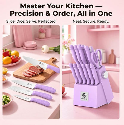 imarku 14-Piece Purple Knife Set with Block – Glides Through Meat, Fish, Veggies & Bread – Standout Color for Stylish Kitchens – Built-in Sharpener – Elegant Gift for Mom, Wife, and Yourself