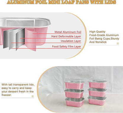 Mini Cake Pans With Lids And Spoons,5.5 oz Rectangle Mini individual Loaf Pans Disposable Aluminum Foil Small Baking Cups Tins (100, Pink)