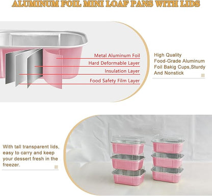 mini loaf pans with lids and spoons 50 Pack,5.5 oz Rectangle mini individual cake tins Disposable Small Aluminum Foil Baking pans(50, Pink)