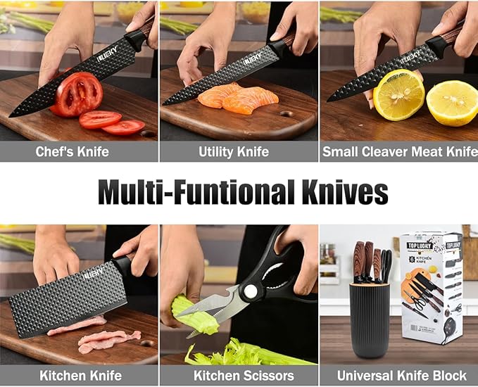 Knife Set, Wiztoynia 6-Piece Black Kitchen Knife Set for Home, Anti-Rust Non-stick Stainless Steel Sharp Chef Knife Set with Universal Knife Block for Kitchen, Ergonomical Design (Black)