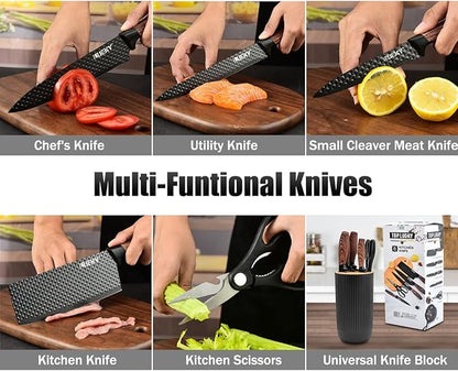 Knife Set, Wiztoynia 6-Piece Black Kitchen Knife Set for Home, Anti-Rust Non-stick Stainless Steel Sharp Chef Knife Set with Universal Knife Block for Kitchen, Ergonomical Design (Black)