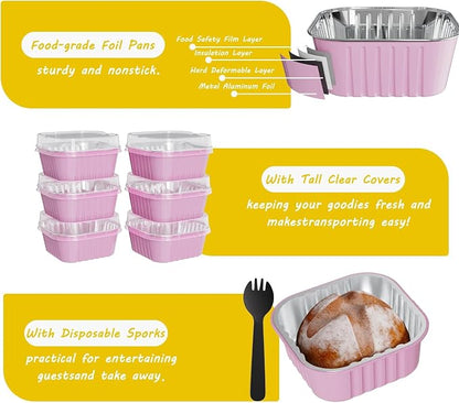 100 Pack Square Mini Cake Pans with Lids,Mini Loaf Pans with Lids,Aluminum Foil Baking Cups,Disposable Ramekins Cupcake Cups,Dessert Cups for Wedding Birthday Party Picnics,5oz (Pink)