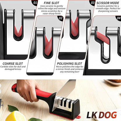 4-in-1 Kitchen Knife Sharpener, Professional Grade with Tungsten Steel and Ceramic Slots, Scissor Sharpening, Black/Red