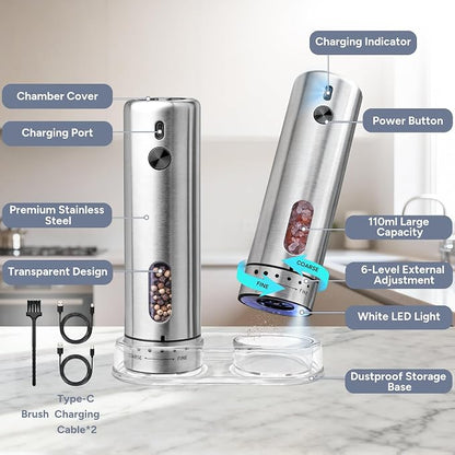Rechargeable Electric Salt and Pepper Grinder Set - Mess-Free External Adjustable Coarseness, Stainless Steel Automatic Pepper Mill and Salt Grinder with Storage Base, Large Capacity, LED Light, USB-C