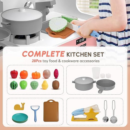 BIERUM Play Kitchen with Realistic Lights & Sounds, Wooden Kitchen Playset with 28 Pcs Toy Food & Cookware Accessories, Toy Kitchen with Plenty of Play Features, Idea Gift for Boys and Girls Ages 3+