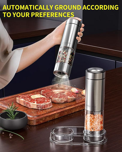 CIRCLE JOY Battery Operated Electric Salt and Pepper Grinder Set with Base, Stainless Steel Pepper Mills with 95ml Container, White LED Light and External Adjustable Coarseness, Silver
