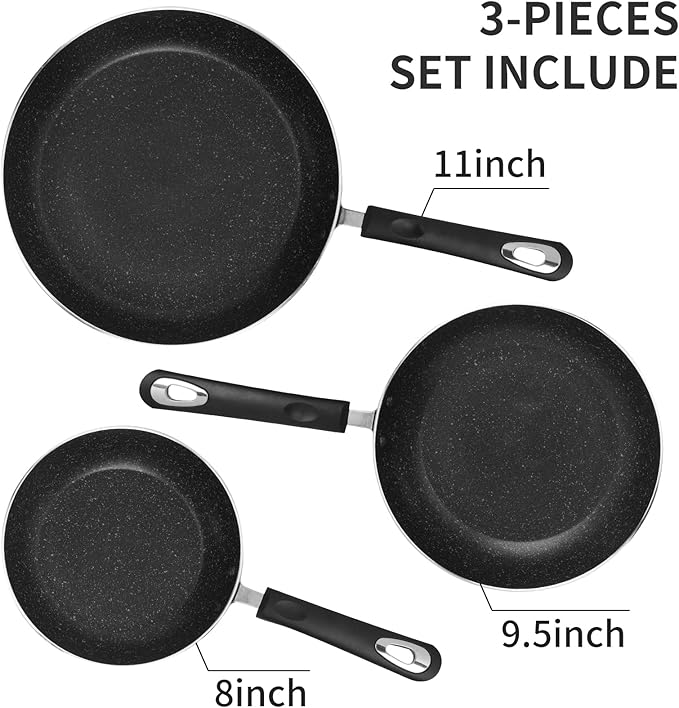 Nonstick Frying Pan Set-3-Pieces Skillet Set Induction Compatible,8 Inch,9.5 Inch and 11 Inch Omelette Pan with Bakelite Handles