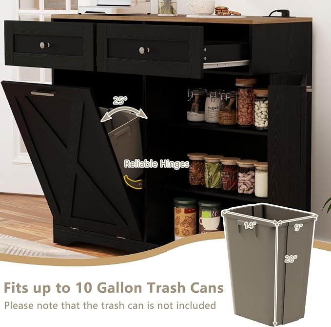 Giantex Kitchen Island with Tilt Out Trash Can Cabinet 10 Gallon, Power Outlet, 2 Drawers, Adjustable Shelves, Hidden Storage Garbage Bin Cabinet for Dining Room Laundry Room (Black+Walnut)