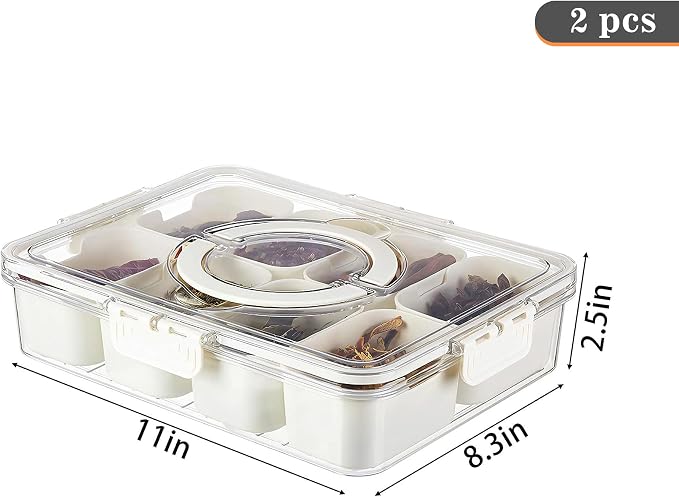 2Pack Snackle Box with Handle for Food Serving Tray Snack Platter with Lids Stackable Fruit&Veggie Container with 8 Small Removable Boxes for Snack Charcuterie Candy Nuts Spice