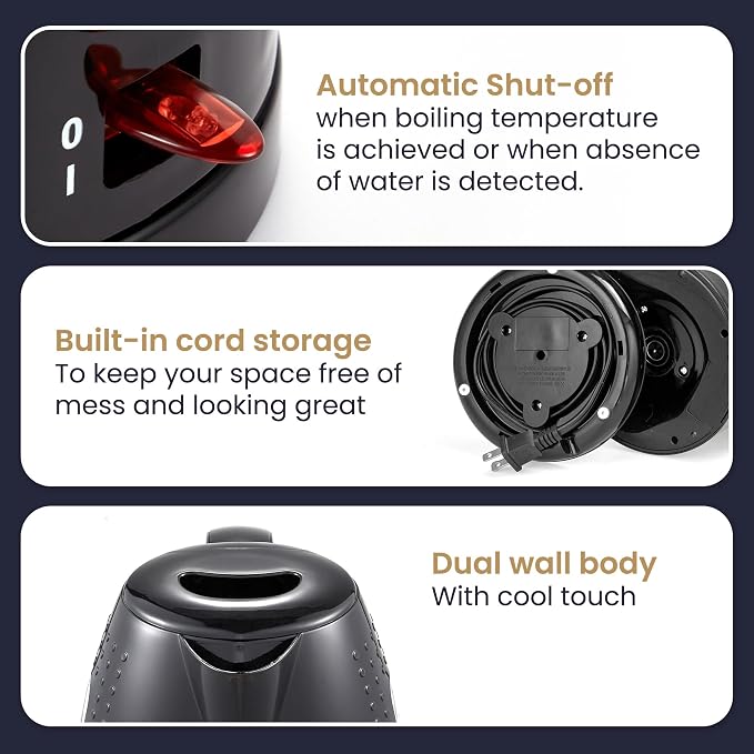 Elite Gourmet EKT5051 1.7L Electric Water Kettle, BPA-Free, Fast Boil, Auto Shut-Off, Boil-dry Protection, 360° Swivel Base with Cordless Serving, Clear-view Window with Water Level Markings, Black