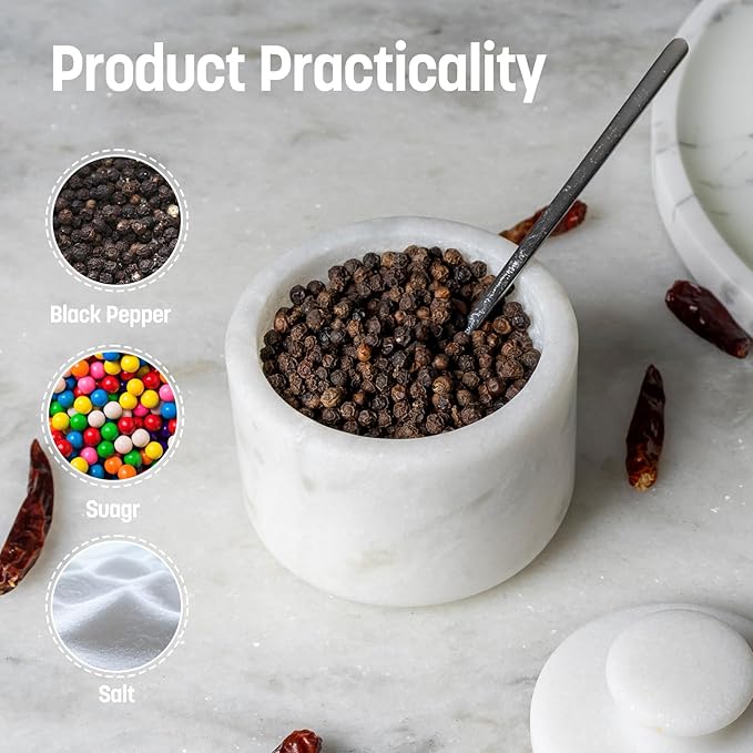 Koville Marble Salt Cellar with Lid 3.5" White, Stone Pepper Container & Spice Jars for Kitchen, Marble Salt and Pepper Holder, Stone Storage Box for Kitchen Counter, Spice Jar(Namib Fantasy White)