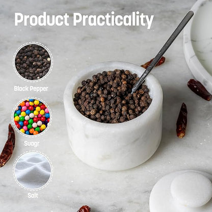 Koville Marble Salt Cellar with Lid 3.5" White, Stone Pepper Container & Spice Jars for Kitchen, Marble Salt and Pepper Holder, Stone Storage Box for Kitchen Counter, Spice Jar(Namib Fantasy White)
