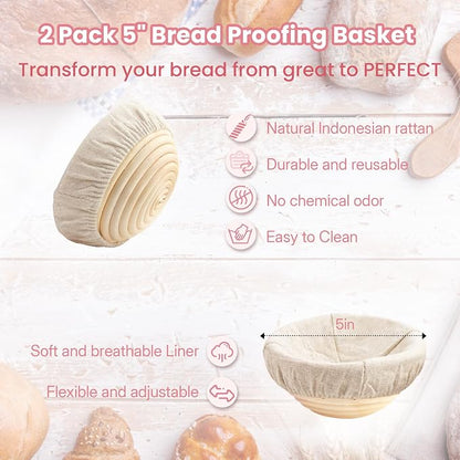 YONILL Mini Double Dutch Oven for Sourdough Bread Baking - Enameled Cast Iron Dutch Oven Pot with Lid and 5" Banneton Bread Proofing Basket Kit, Dual Round Bread Loaf Pan for Homemade Baking (Pink)