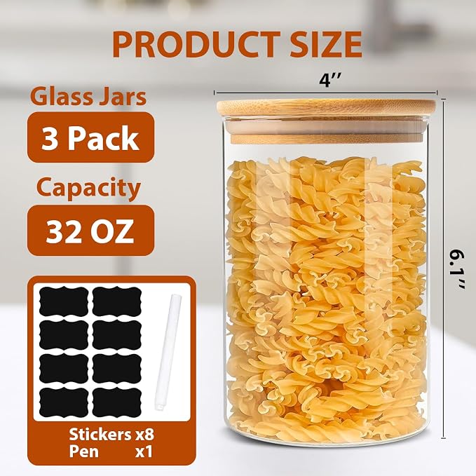 ENLOY Glass Food Storage Jars 32 OZ Set of 3, 3 Pack Airtight Food Storage Jar with Bamboo Lid, Clear Food Canisters for Nuts, Coffee Beans, Sugar, Flour, Snacks, Spice and More (950ml)