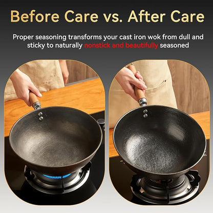 WANGYUANJI Cast Iron Wok Pan with Lid, 10.2 Inch Small Flat Bottom Stir Fry Skillet, Uncoated Traditional Chinese Iron Pot for 1-2 People, Compatible with Induction & Gas Stoves