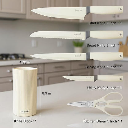 KUISINE Upgraded Sharp Chef Knife Set,High Carbon Stainless Steel Ergonomic Handle Knife Set with 3-hole Bottom Block,Easy to Drain and Clean(Ivory Silver Pro,6PCS)