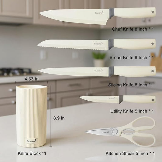 KUISINE Upgraded Sharp Chef Knife Set,High Carbon Stainless Steel Ergonomic Handle Knife Set with 3-hole Bottom Block,Easy to Drain and Clean(Ivory Silver Pro,6PCS)