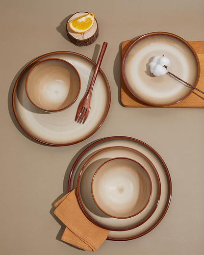 Pokini 16 Piece Double Bowl Plates and Bowls Sets, Ceramic Dinnerware Sets with Pasta Bowls, Dishwasher & Microwave Safe Dish Set, Scratch Resistant Stoneware Plate Set, Service for 4 Brown Yellow