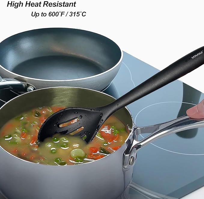 Silicone Spoons for Cooking - Kitchen Spoons for Mixing, Serving, & Stirring - 600°F Heat-Resistant Non Stick Utensils Ladle & Skimmer- Dishwasher Safe, Black,10.4IN