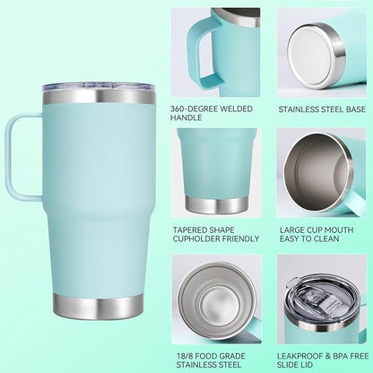 20 oz Stainless Steel Tumbler with Handle Bulk Metal Insulated Tumblers Travel Coffee Mug with Handle Double Wall Tumbler Cup with Lid and Straw, Mint Green 6 Pack
