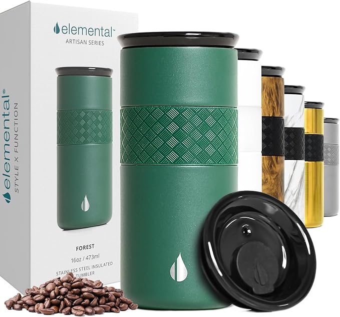 Elemental Artisan Insulated Tumbler, Triple Wall Coffee Travel Mug, Reusable Stainless Steel Coffee Tumbler with Ceramic Lid, Thermal Coffee Cups for Hot (6 Hrs) & Cold (18 Hrs), 16oz - Forest Green