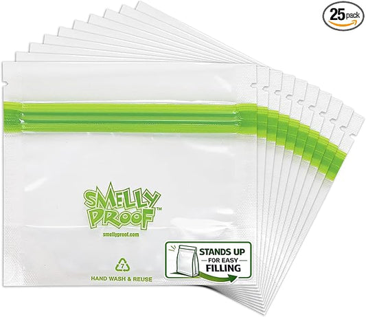Smelly Proof 25 x Expandable Stand-Up & Fill REUSABLE Food Storage Bags, US Made, NO PEVA & BPA FREE, Reusable Freezer Bags, Dishwasher-Safe, Clear 3 mils STAND & FILL 4" x 3" - 25pk