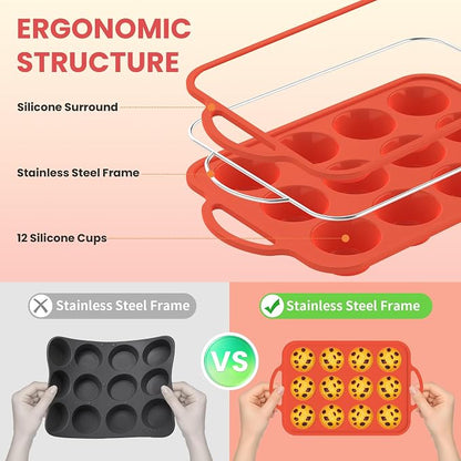 2Pack Silicone Muffin Pan for Baking with Metal Reinforced Frame, 12 Cup Regular Size Cupcake Pan, BPA Free Silicone Muffin Tray, Cupcake Baking Pan Molds for Oven Dishwasher Safe - Orange