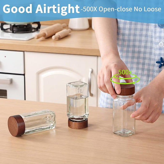 Yangbaga Glass Spice Containers for Kitchen: 24p 4oz Durable Glass Dishwasher Safe Jars for Cooking Enthusiasts- Airtight Acacia lid 500X Open-Close no Loose - Gift/Daily Use for Housewives
