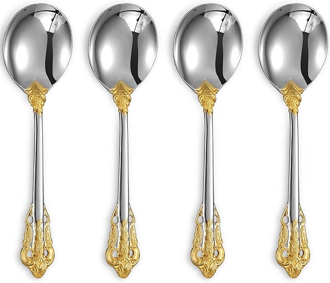 KEAWELL Gorgeous Round Soup Spoon, Set of 4, 18/10 Stainless Steel, Luxury Bouillon Spoon, Dishwasher Safe, Fine Mirror Polished (Gold Accent)