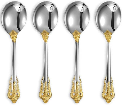 KEAWELL Gorgeous Round Soup Spoon, Set of 4, 18/10 Stainless Steel, Luxury Bouillon Spoon, Dishwasher Safe, Fine Mirror Polished (Gold Accent)