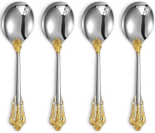 KEAWELL Gorgeous Round Soup Spoon, Set of 4, 18/10 Stainless Steel, Luxury Bouillon Spoon, Dishwasher Safe, Fine Mirror Polished (Gold Accent)