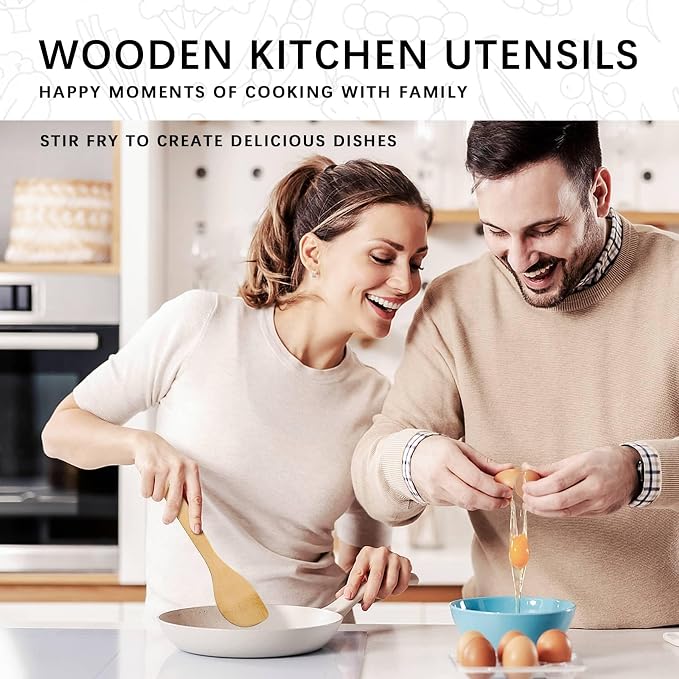 Wooden Spoons for Cooking, 4PCS Wooden Utensil Set Includes Slotted Spoon, Wooden Spoon & Wooden Spatula, Bamboo Cooking Utensils for Non-Stick Pans, Natural Bamboo Utensils