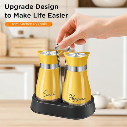 Salt and Pepper Shakers, Farmhouse Salt and Pepper Shakers Set with Holder, electroplated Handle, 4 oz Stainless Steel Glass Bottle Dispenser, for Table, RV, Camp, BBQ (Yellow)