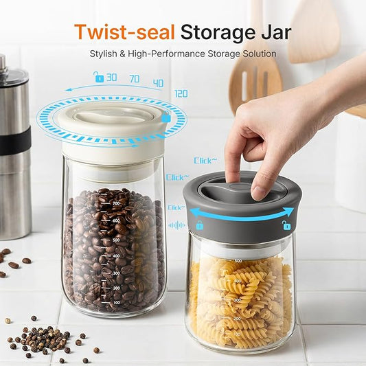 Airtight Coffee Bean Storage Container with Silicone Ring, Twist Seal Glass Storage Jars with lids, 500ml/17oz Wide Mouth Food Jars & Canisters for Coffee Grounds, Creamer, Candy, Flour Sugar
