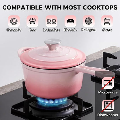 Onader Cast Iron Sauce Pan Pot, 2QT Small Saucepan with Lid, Enameled Cast Iron Dutch Oven Cooking Kitchen Pot – Pink