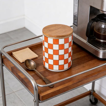 Kitchen Countertop Ceramic Checkered Canisters,Black And White Food Storage Containers With Lid,Airtight Kitchen Canisters for Flour, Sugar, Coffee, Tea, and Dry Goods (Orange, Small)