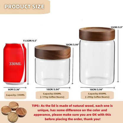 Set of 2 Glass Food Storage Jars, Premium Clear Glass Container Jar with Airtight Wooden Screw-on Lid, Kitchen Canisters for Coffee,Tea,Pasta,Cookies, Nuts,Spice,Candy,Overnight Oatmeal