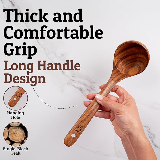 PriorityChef Premium Wooden Ladle for Soup - Handcrafted Teak Wooden Soup Spoon with Long Handle for Cooking and Serving - Deep Wood Ladel for Kitchen Use - Nonstick Safe Wood Ladle