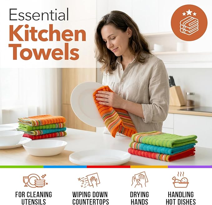 TEXAS LINEN CO. Kitchen Dish Towels, 100% Cotton Salsa Towels, Set of 4 (16x28 Inches), Multi Purpose Cooking Drying Restaurant Bar Cleaning Cloth Napkin, Highly Absorbent, Lint Free, Multi-Color