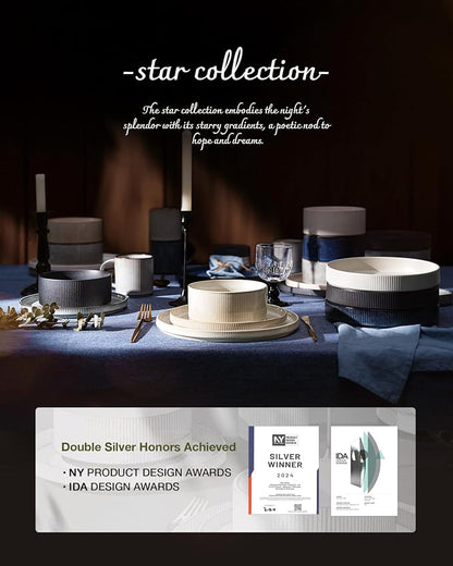 Famiware Star 12-Piece Stoneware Dinnerware Sets for 4, Reactive Glaze Plates and Bowls, Modern Rustic Dishes for Everyday/Formal Use, Chip/Scratch Resistant, Microwave/Dishwasher Safe, White & Black