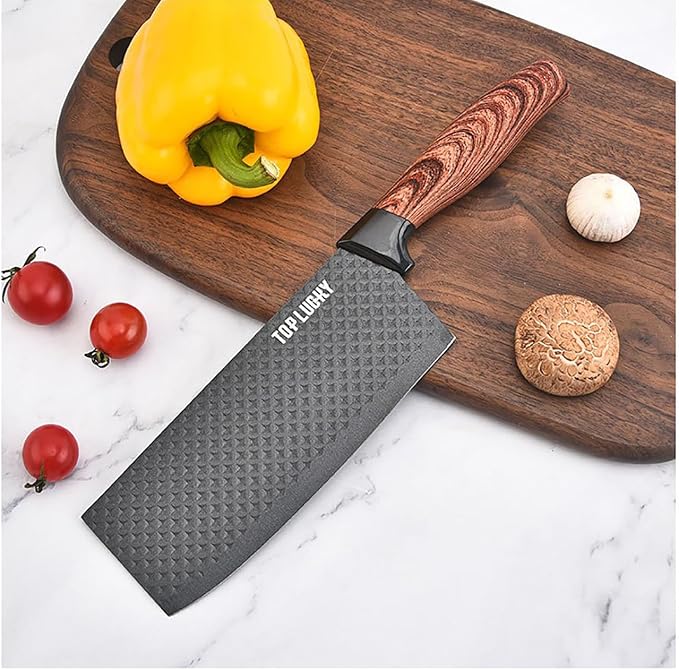 Luxury Aesthetic Kitchen Knife Set with Holder,6Pcs Black Knife Set with Wood Grain Handle,Stainless Steel Chef Knives and Scissors,Gift for Cooking